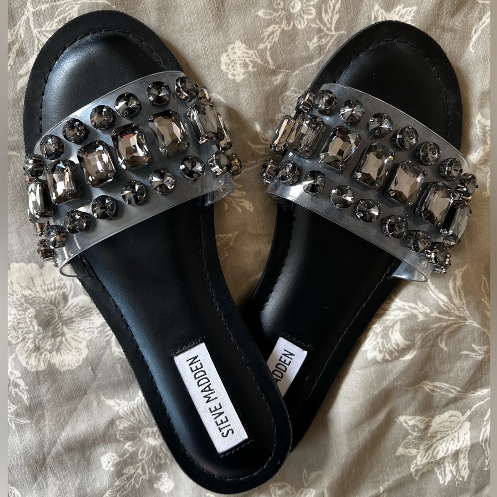 Black jeweled Steve Madden slide sandals size 6.5